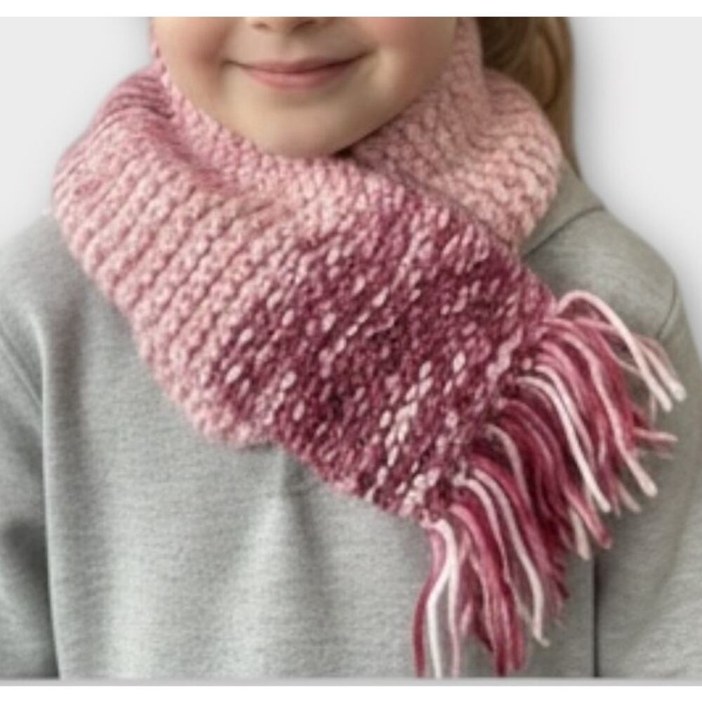 Handknit Pink Winter Scarf with Fringe Rectangle Color Block Varigated 5" x 33"
